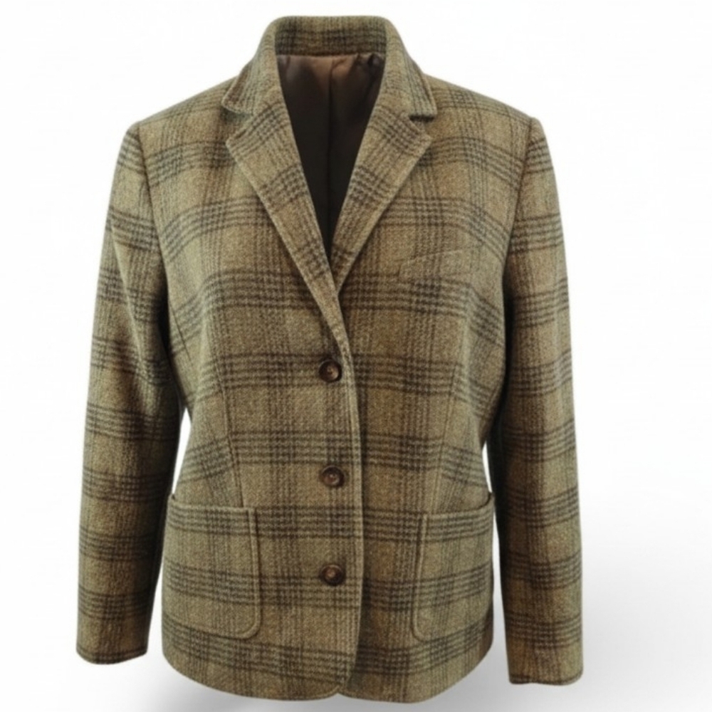 L.L. Bean Size L Green Plaid Blazer Wool Silk Blend